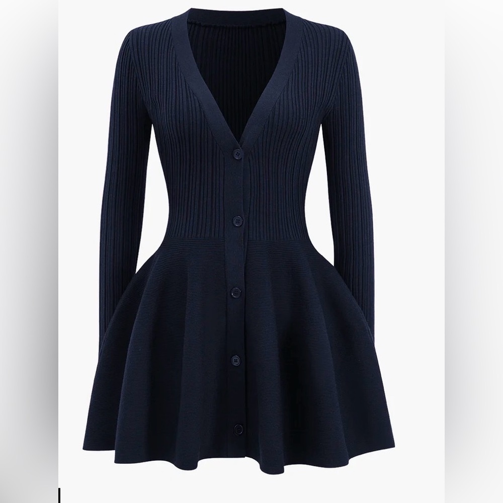 Micas Knit Puff Hem Navy Long Sleeve Sweater Dress Small NWT